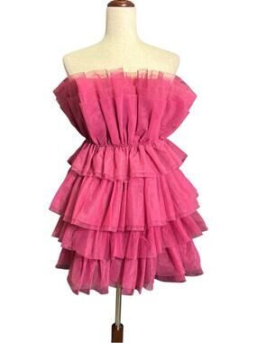 Altar’d State Pink Strapless Ruffle Tulle Mini Dress Tiered Party Large B8
